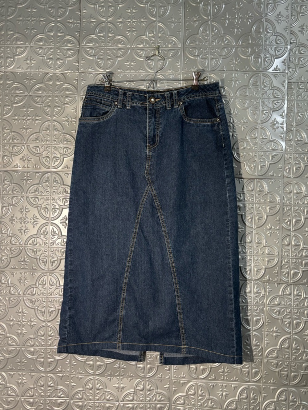Baccini Vintage Y2K Denim Midi Skirt 8 Western Cowgirl Boho Back Slit Stretch